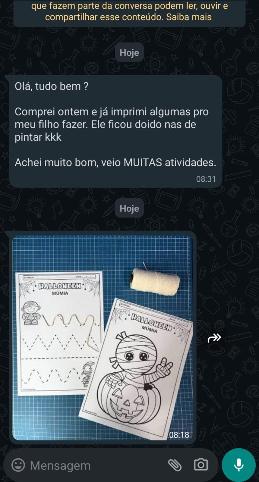 Depoimento recebido no WhatsApp sobre a variedade de atividades do Kit Halloween Infantil