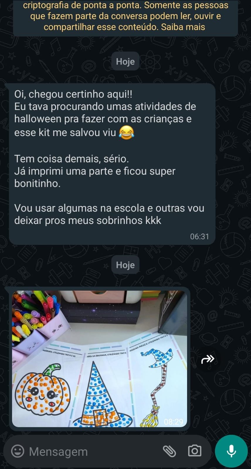 Depoimento recebido no WhatsApp sobre as atividades impressas do Kit Halloween Infantil