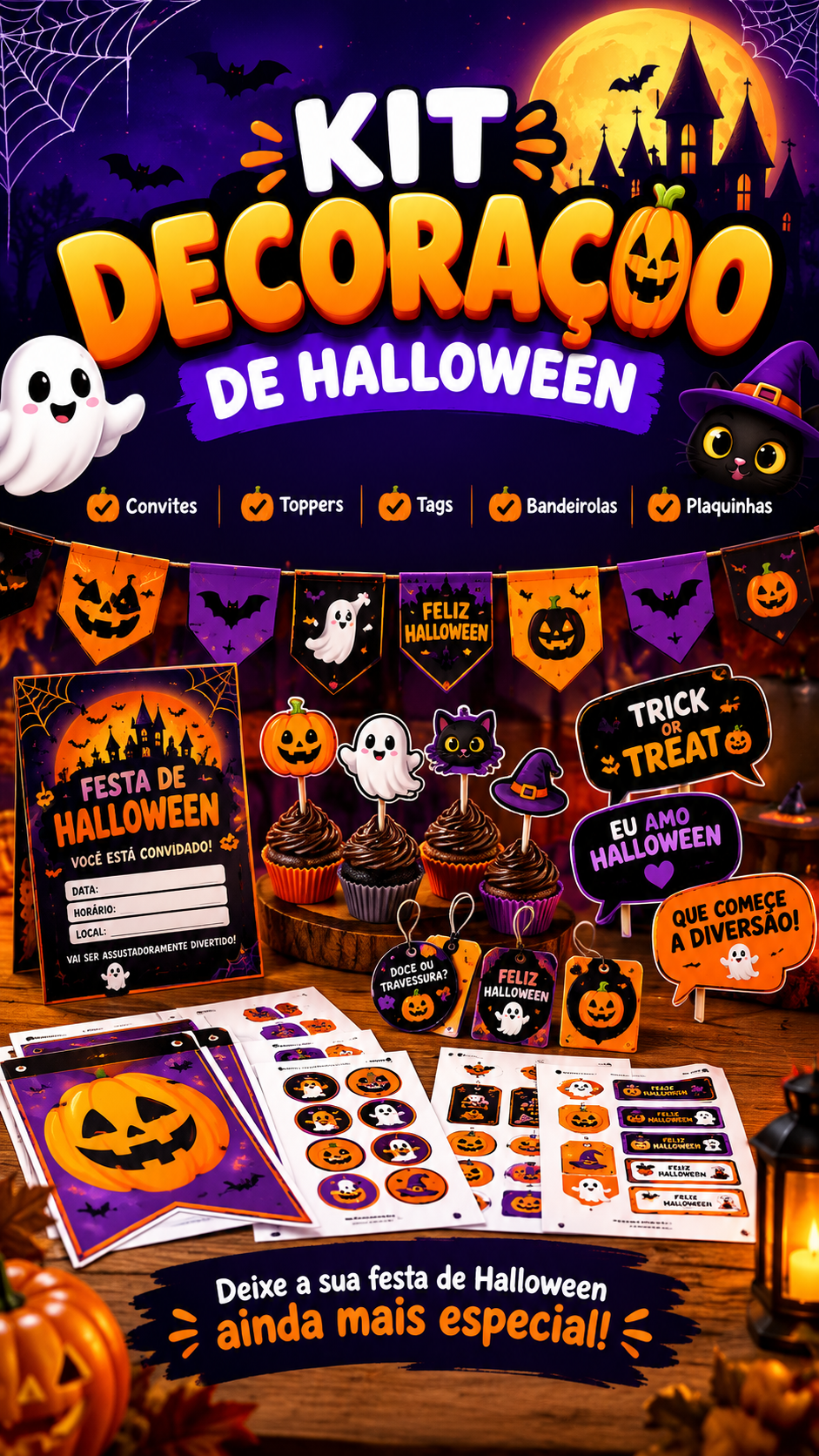 Capa do Kit Decoração de Halloween com convites, toppers, tags, bandeirolas e plaquinhas