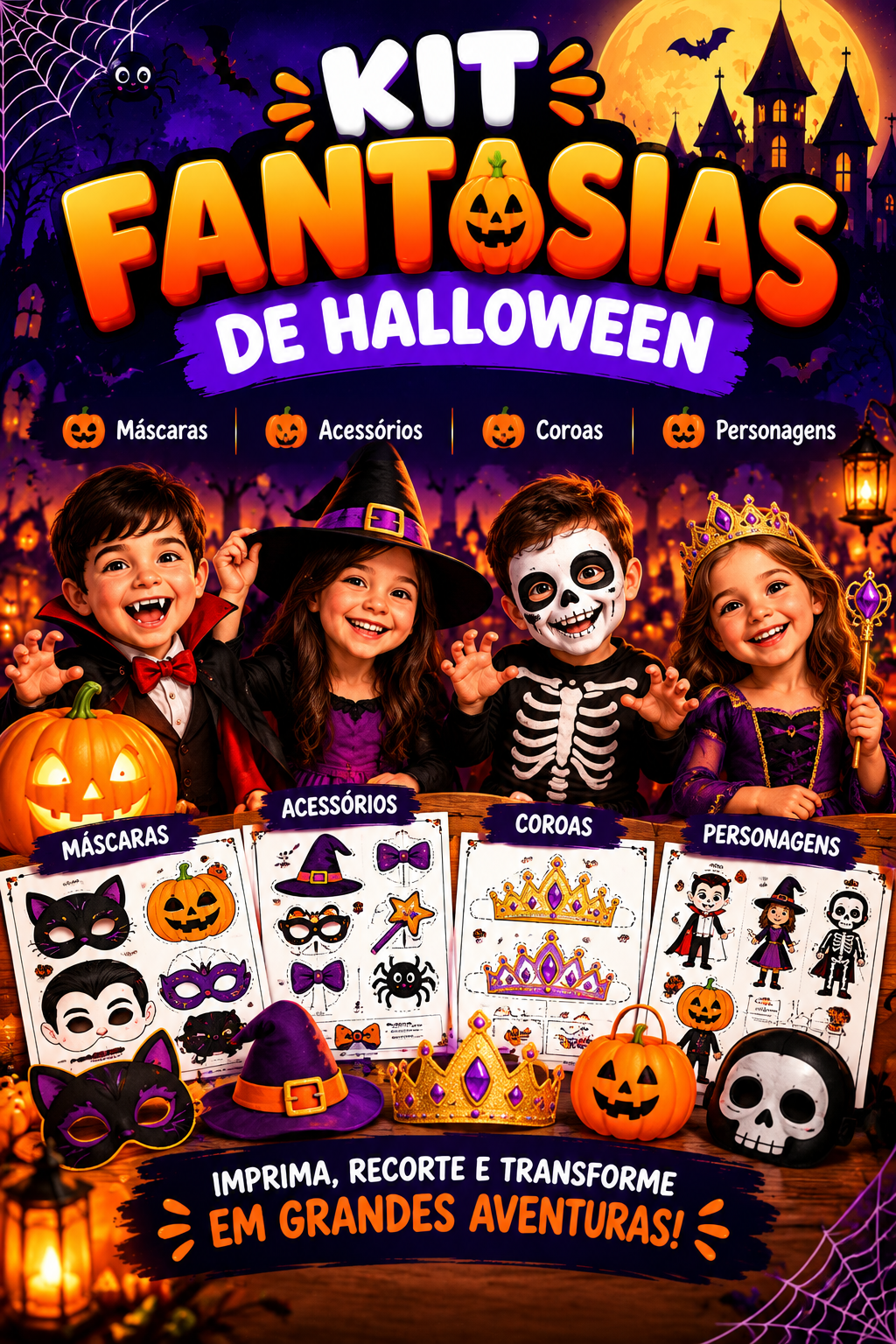 Capa do Kit Fantasias de Halloween com máscaras, acessórios, coroas e personagens