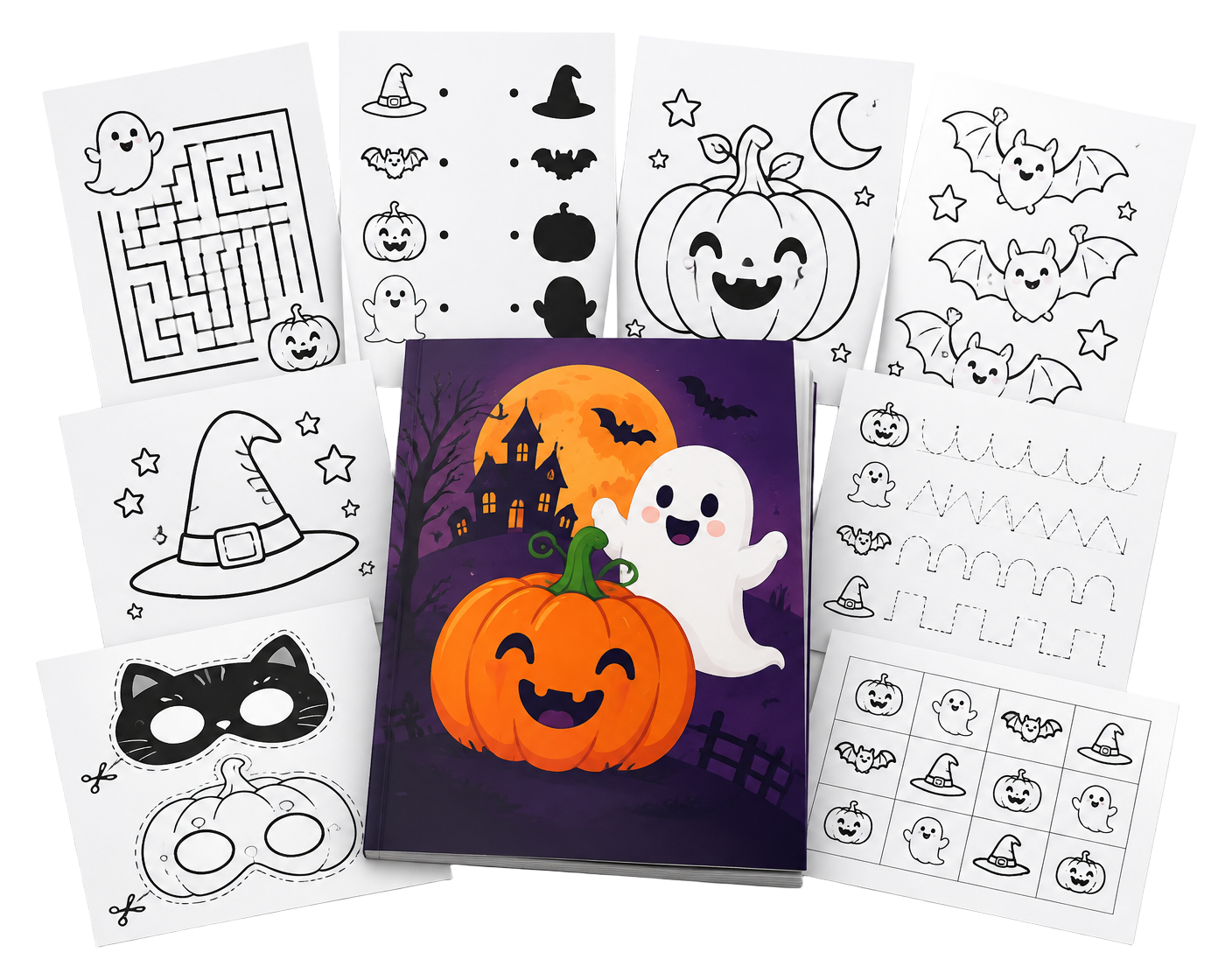 Mockup do Kit Halloween Infantil com capa e páginas de atividades